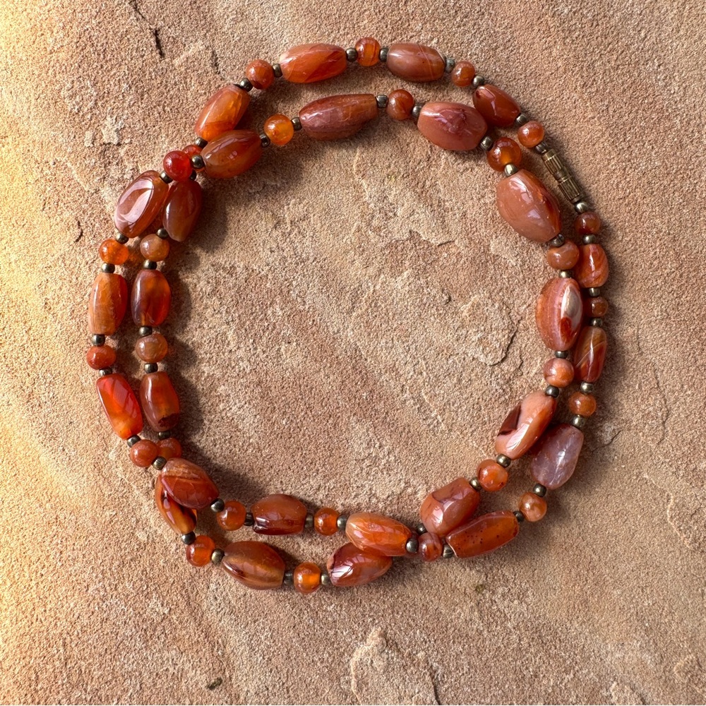 Vintage Carnelian Beaded Necklace – 28” Brass Spacer Beads ~ 70g